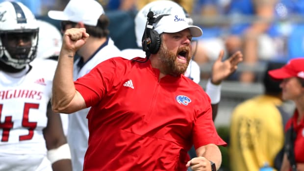 South Alabama coach Kane Wommack reacts to a play during a 2022 game.